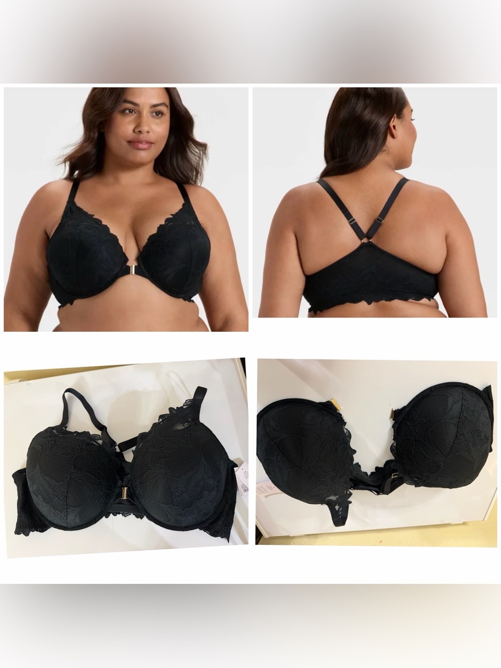 NEW Auden Bra Black Front Closure Underwires support cushion Lace Racerback Plus